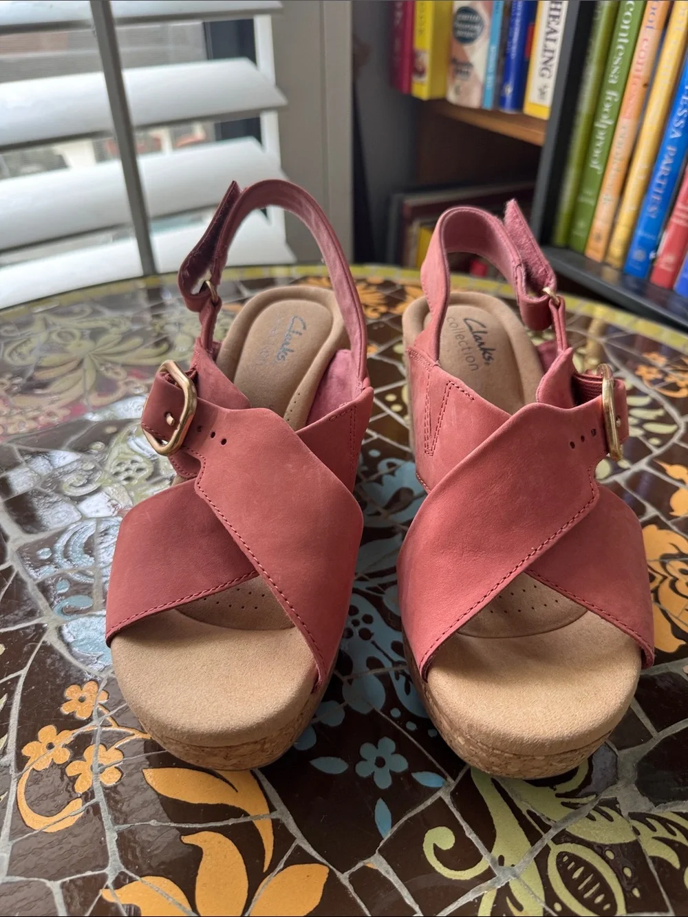 Clarks Women’s Coral Pink Cross-Strap Wedge Sandals